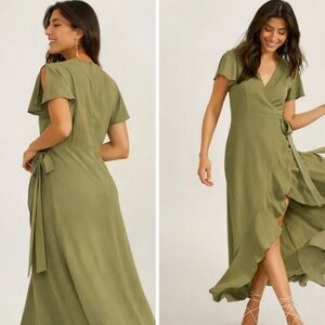 Altar'd State Boho Flutter Sleeve Wrap Dress | Wedding Guest | Olive Green XS
